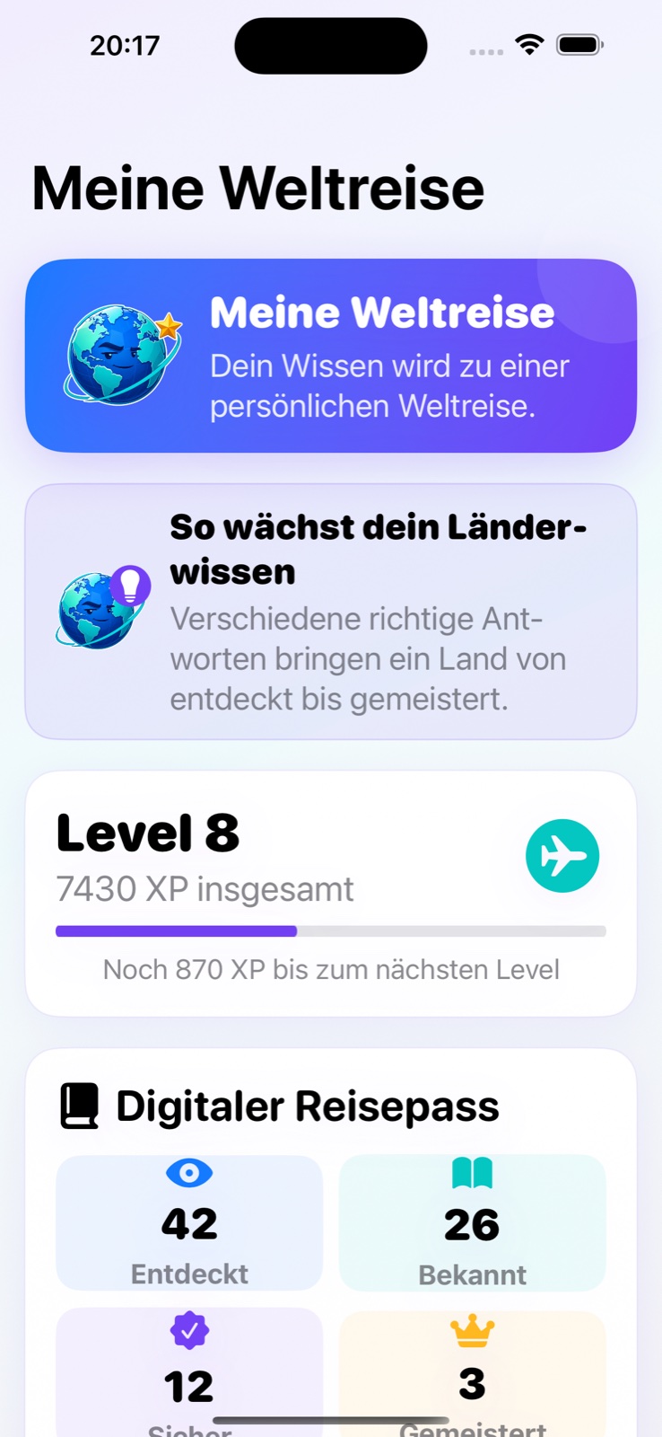 Digitaler Reisepass mit persönlichem Länderfortschritt in GloboTrovi
